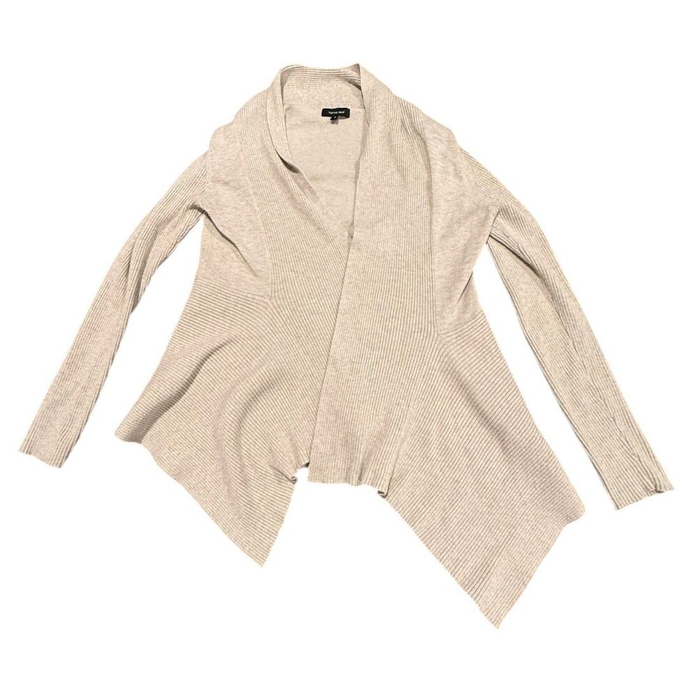 Verve Amí Women's Beige Ribbed Knit Asymmetric Drape Cardigan Sweater Size M